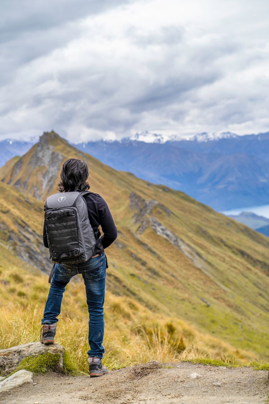 Hiker looking out over Mount Cook national park landscape