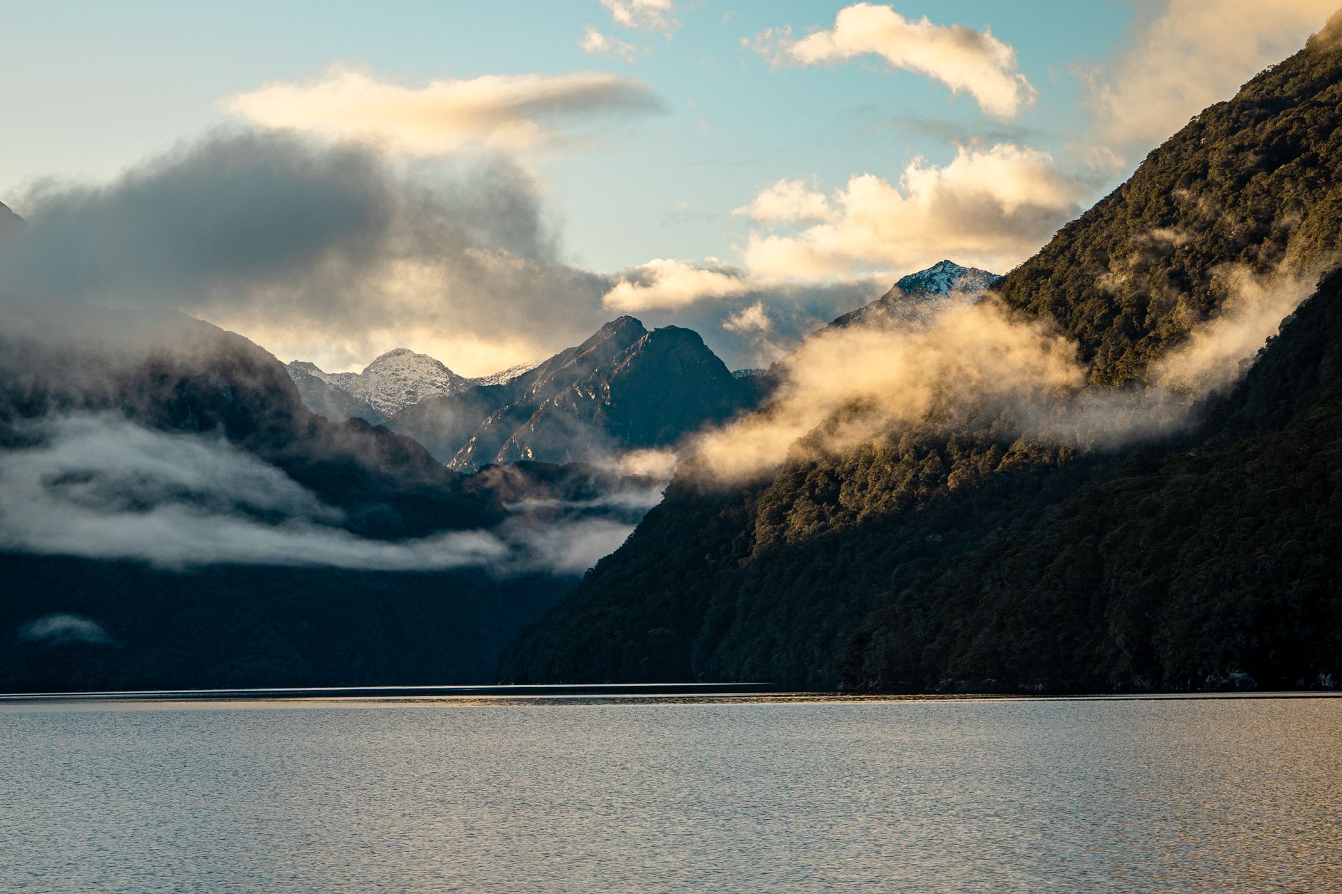 Fiordland landscape in New Zealand with dramatic misty mountains